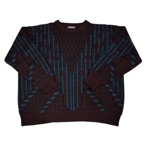 Sir William~Mens VTG 90s Geometric Grandpa Sweater~Cosby Style~Burgundy Blue~2X